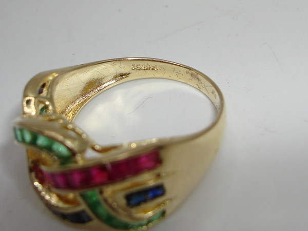Vintage 14K Gold Sapphire, Emerald & Ruby Ring (Size 7)