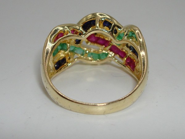 Vintage 14K Gold Sapphire, Emerald & Ruby Ring (Size 7)