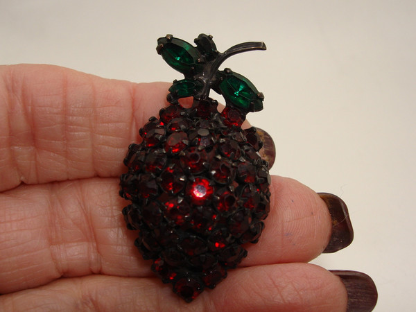 Vintage Joseph Warner Rhinestone Berry Brooch - Stunning Red & Green Gemstones