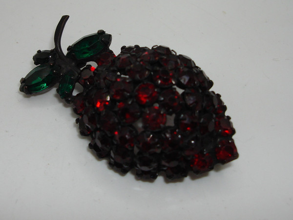 Vintage Joseph Warner Rhinestone Berry Brooch - Stunning Red & Green Gemstones