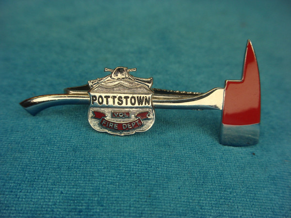 Vintage Potstown Fire Department Tie Clip - Chrome & Enamel Axe Design #505