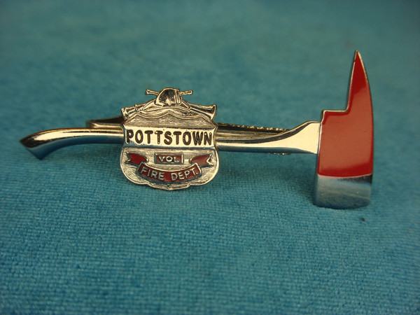Vintage Potstown Fire Department Tie Clip - Chrome & Enamel Axe Design #505