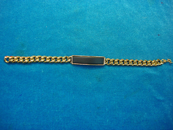 Vintage Speidel ID Bracelet - Gold Tone, Black Center Piece, Unworn Condition (8 inches)
