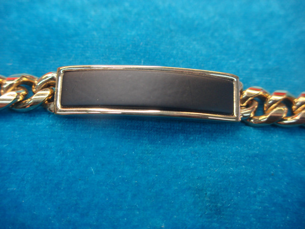 Vintage Speidel ID Bracelet - Gold Tone, Black Center Piece, Unworn Condition (8 inches)
