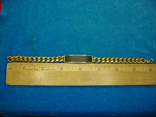 Vintage Speidel ID Bracelet - Gold Tone, Black Center Piece, Unworn Condition (8 inches)
