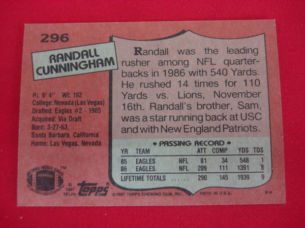 1987 Topps Randall Cunningham Rookie Card #296 RC Philadelphia Eagles - NFL Football Card