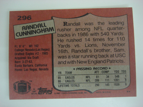 1987 Topps Randall Cunningham Rookie Card #296 RC Philadelphia Eagles - NFL Football Card