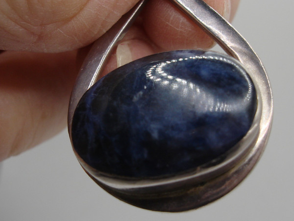 Vintage Sterling Silver Sodalite Pendant, Hecho En Mexico, Artist Signed (2 Inch Oval)