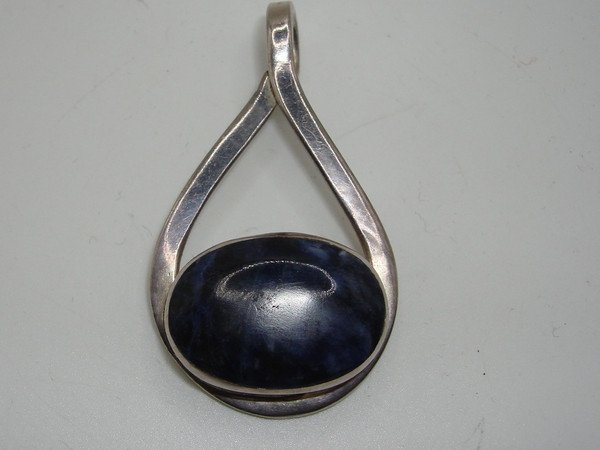 Vintage Sterling Silver Sodalite Pendant, Hecho En Mexico, Artist Signed (2 Inch Oval)