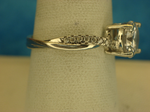 Sterling Silver Ring with Simulated Diamond & Side Stones - Size 9
