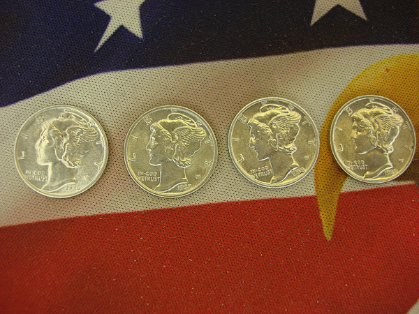 1936-1939 Mercury Dimes Set (4 Coins) - High Grade Circulated US Coins - Liberty Head Design