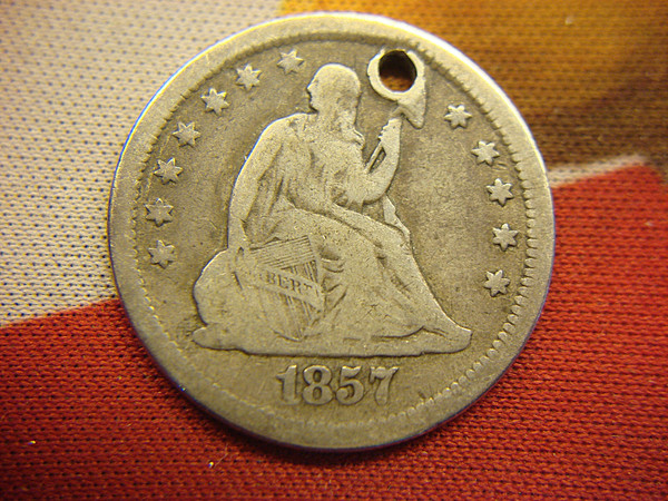 1857 Seated Liberty Quarter No Motto (Var. 1) - Full Rims, Previously Holed