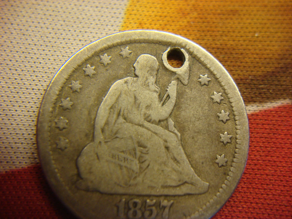 1857 Seated Liberty Quarter No Motto (Var. 1) - Full Rims, Previously Holed