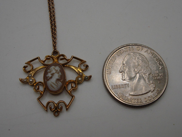 Antique 10K Gold Carved Shell Cameo Necklace with Seed Pearls (16