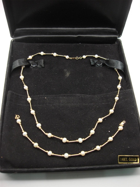 14K Gold Freshwater Pearl Necklace & Bracelet Set | Creamy White Pearls | Mexico 14K