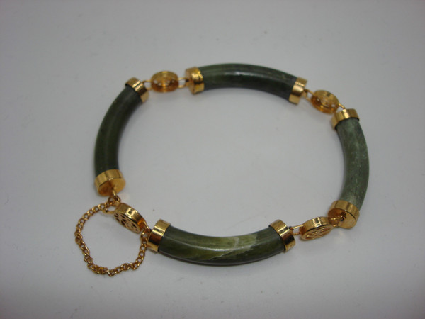Vintage Chinese Jade Bracelet | Handcrafted Nephrite with Gold Filigree (7.5