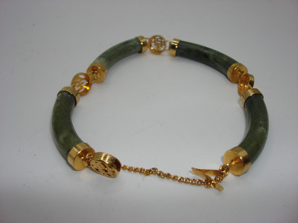 Vintage Chinese Jade Bracelet | Handcrafted Nephrite with Gold Filigree (7.5