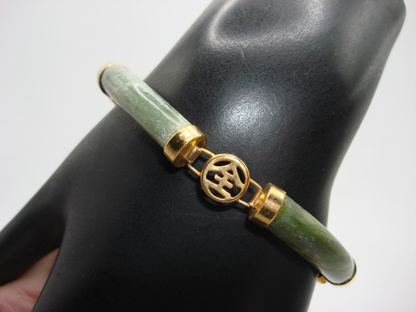 Vintage Chinese Jade Bracelet | Handcrafted Nephrite with Gold Filigree (7.5