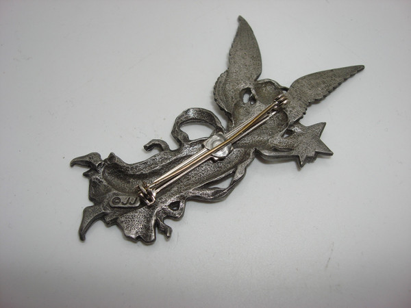 Vintage J.J. Jonette Pewter Angel Pin Brooch - 3 Inches, Excellent Condition