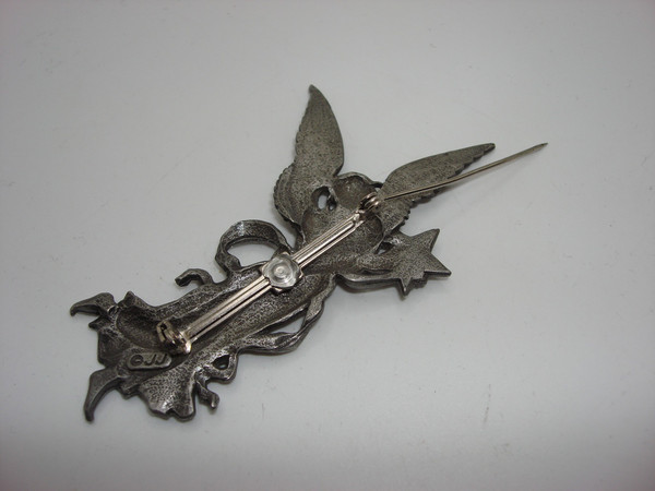 Vintage J.J. Jonette Pewter Angel Pin Brooch - 3 Inches, Excellent Condition