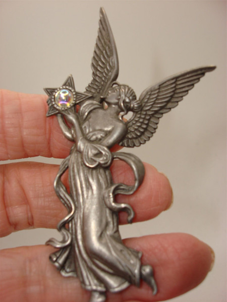 Vintage J.J. Jonette Pewter Angel Pin Brooch - 3 Inches, Excellent Condition
