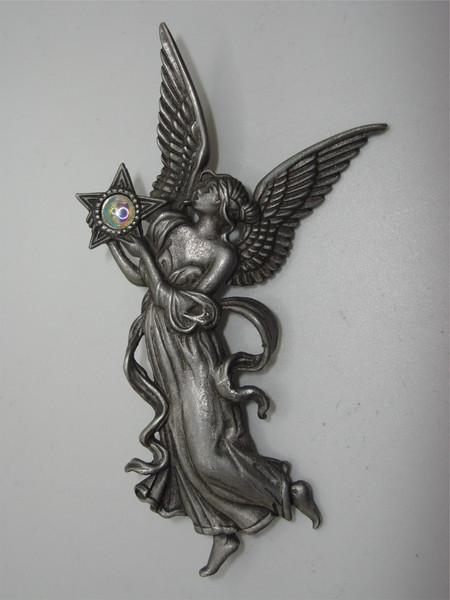 Vintage J.J. Jonette Pewter Angel Pin Brooch - 3 Inches, Excellent Condition