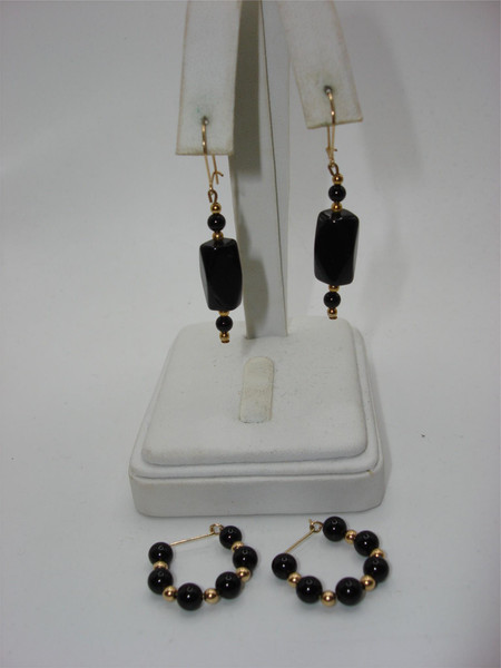 Genuine Onyx Bead Earrings Set (2 Pairs) - Estate Find - Gold Tone Hoops & Dangles