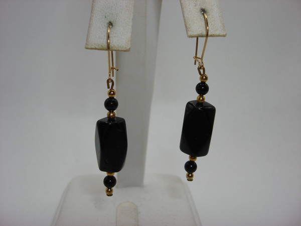 Genuine Onyx Bead Earrings Set (2 Pairs) - Estate Find - Gold Tone Hoops & Dangles