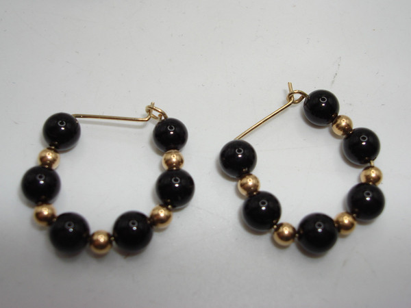 Genuine Onyx Bead Earrings Set (2 Pairs) - Estate Find - Gold Tone Hoops & Dangles
