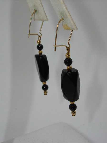 Genuine Onyx Bead Earrings Set (2 Pairs) - Estate Find - Gold Tone Hoops & Dangles