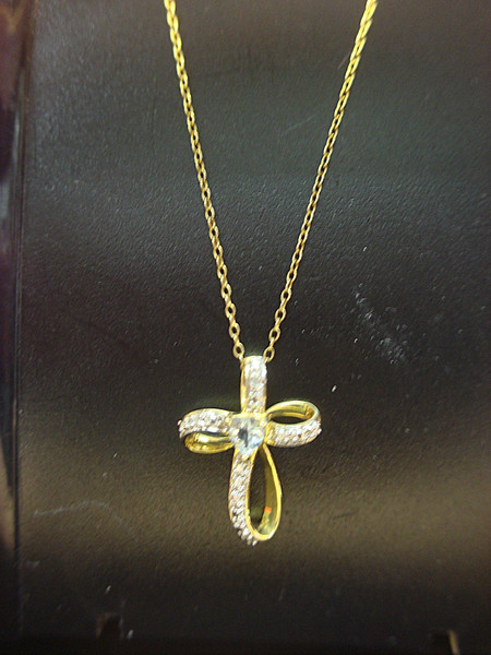 Sterling Silver & Gold Vermeil Cross Necklace with Blue Heart Pendant