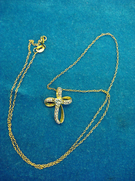 Sterling Silver & Gold Vermeil Cross Necklace with Blue Heart Pendant