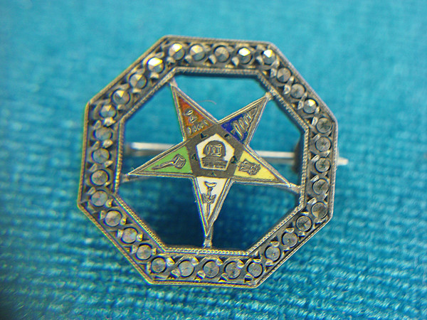 Vintage Sterling Silver Eastern Star Collar Pin with Marcasites & Enamel - Excellent Condition