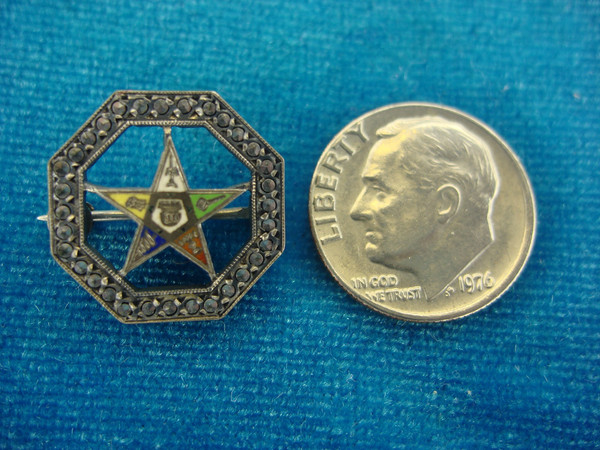 Vintage Sterling Silver Eastern Star Collar Pin with Marcasites & Enamel - Excellent Condition