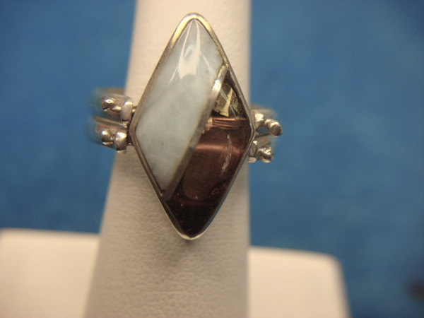 Sterling Silver Flip Ring with Onyx, Larimar & Amber - Size 6 3/4