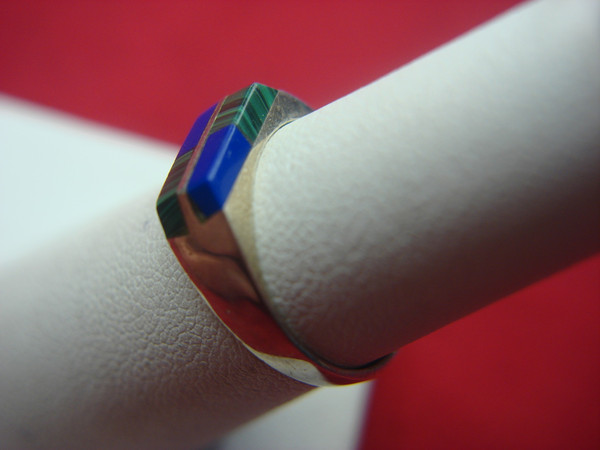 Vintage Mexican Sterling Silver Ring with Malachite & Lapis - Size 6