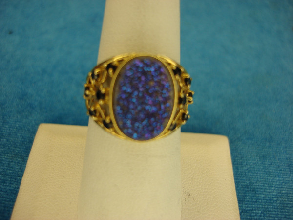 Sterling Silver Ring with Gold Vermeil, Simulated Drusy & Sapphire Stones - Size 7