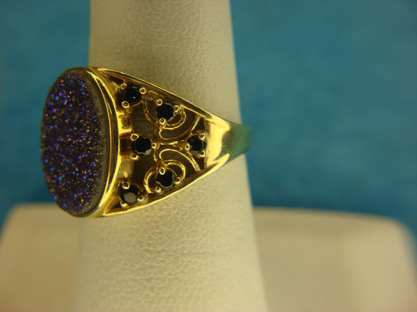 Sterling Silver Ring with Gold Vermeil, Simulated Drusy & Sapphire Stones - Size 7