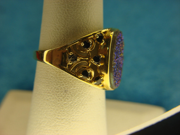 Sterling Silver Ring with Gold Vermeil, Simulated Drusy & Sapphire Stones - Size 7