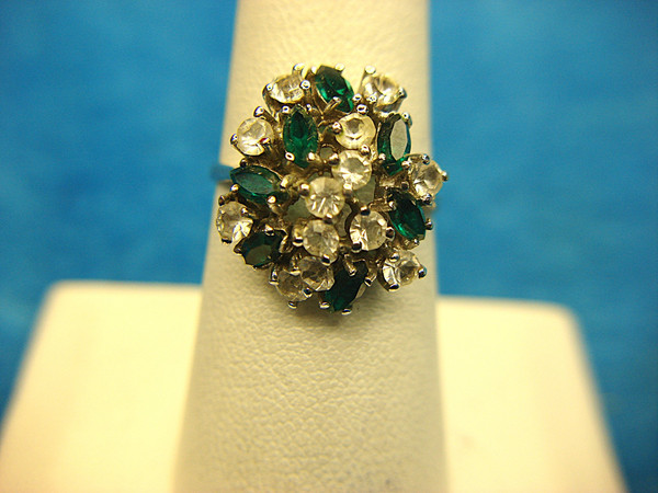 Sterling Silver Ring w/ Clear & Emerald Green Stones - Size 7 1/4