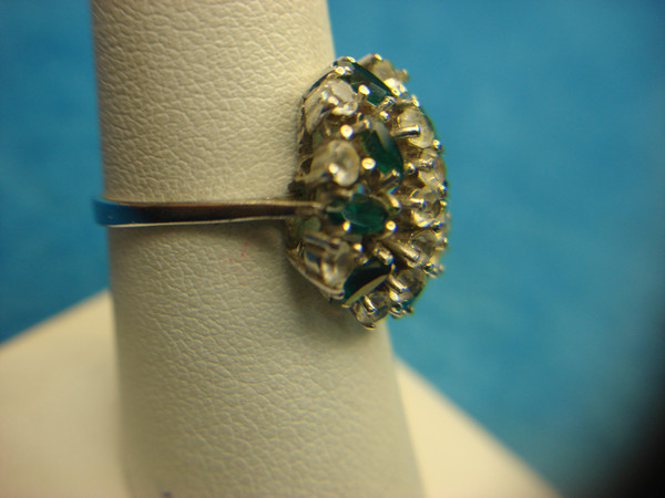 Sterling Silver Ring w/ Clear & Emerald Green Stones - Size 7 1/4