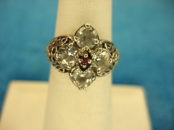 Sterling Silver Filigree Ring with Red Stone & Simulated Diamonds (Size 6)