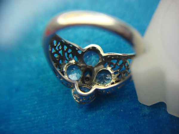 Sterling Silver Filigree Ring with Red Stone & Simulated Diamonds (Size 6)