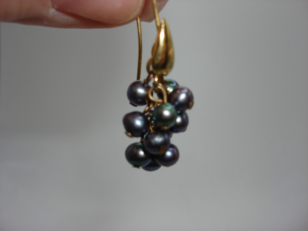 Black Freshwater Baroque Pearl Grape Cluster Earrings - Gold Tone