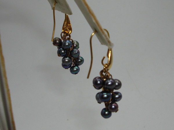 Black Freshwater Baroque Pearl Grape Cluster Earrings - Gold Tone