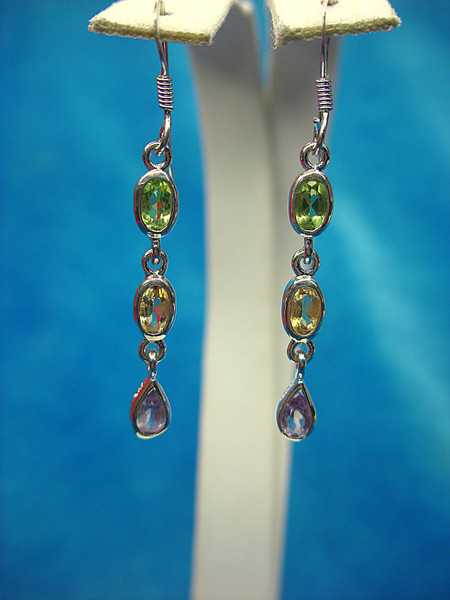 Sterling Silver Dangle Earrings with Multicolor Gemstones - 1.5 Inch, Pre-Owned Excellent Condition