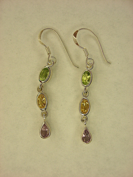 Sterling Silver Dangle Earrings with Multicolor Gemstones - 1.5 Inch, Pre-Owned Excellent Condition