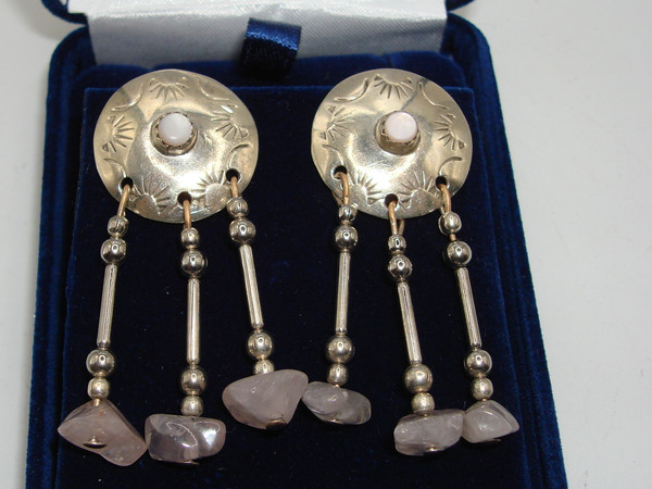 Vintage Navajo Sterling Silver Earrings with Pink Quartz by L. Raymone