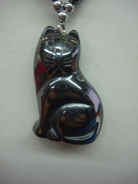 Handmade Hematite Cat Pendant Necklace - Black Stainless Steel Chain (17