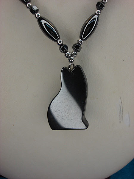 Handmade Hematite Cat Pendant Necklace - Black Stainless Steel Chain (17